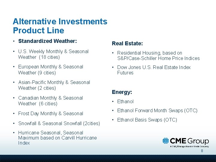 Alternative Investments Product Line • Standardized Weather: Real Estate: • U. S. Weekly Monthly