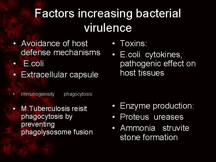 Factors increasing bacterial virulence • Avoidance of host defense mechanisms • E. coli •