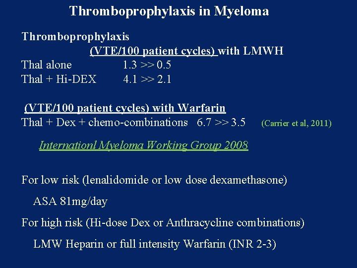 Thromboprophylaxis in Myeloma Thromboprophylaxis (VTE/100 patient cycles) with LMWH Thal alone 1. 3 >>