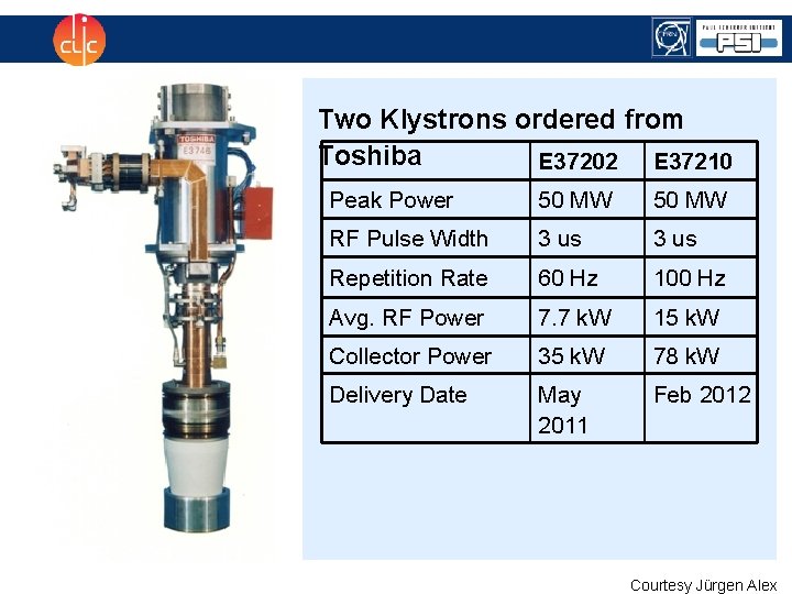 Klystron Two Klystrons ordered from Toshiba E 37202 E 37210 Peak Power 50 MW