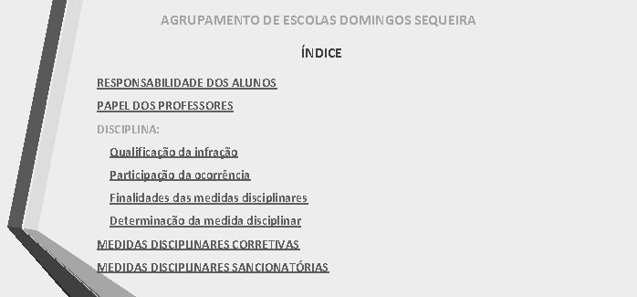 AGRUPAMENTO DE ESCOLAS DOMINGOS SEQUEIRA ÍNDICE RESPONSABILIDADE DOS ALUNOS PAPEL DOS PROFESSORES DISCIPLINA: Qualificação