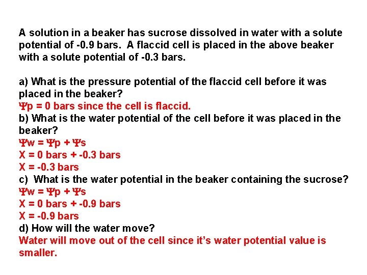 A solution in a beaker has sucrose dissolved in water with a solute potential