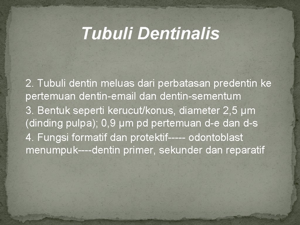 Tubuli Dentinalis 2. Tubuli dentin meluas dari perbatasan predentin ke pertemuan dentin-email dan dentin-sementum