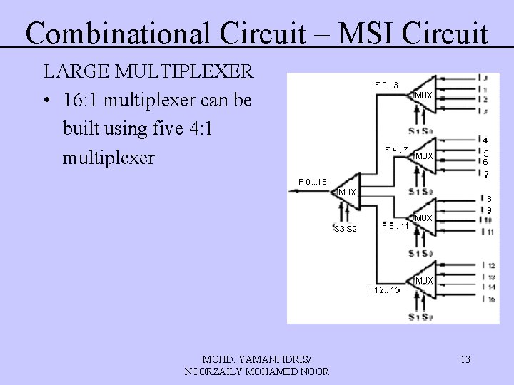 Combinational Circuit – MSI Circuit LARGE MULTIPLEXER • 16: 1 multiplexer can be built Combinational Circuit – MSI Circuit LARGE MULTIPLEXER • 16: 1 multiplexer can be built