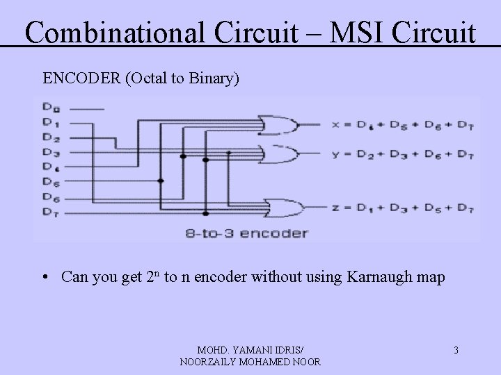 Combinational Circuit – MSI Circuit ENCODER (Octal to Binary) • Can you get 2