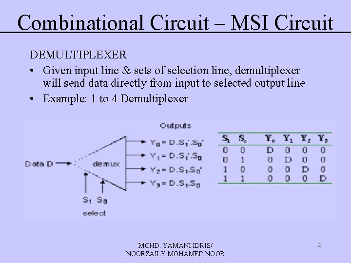 Combinational Circuit – MSI Circuit DEMULTIPLEXER • Given input line & sets of selection