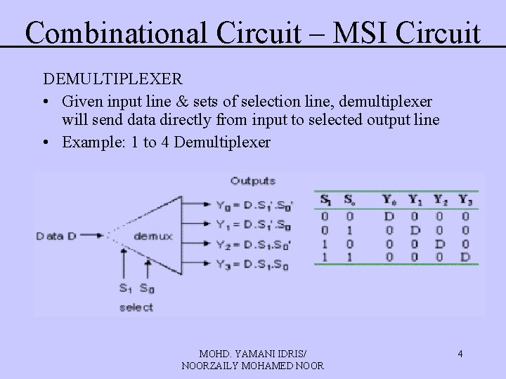 Combinational Circuit – MSI Circuit DEMULTIPLEXER • Given input line & sets of selection Combinational Circuit – MSI Circuit DEMULTIPLEXER • Given input line & sets of selection