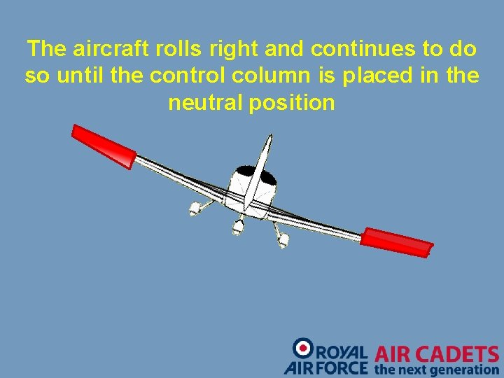 The aircraft rolls right and continues to do so until the control column is