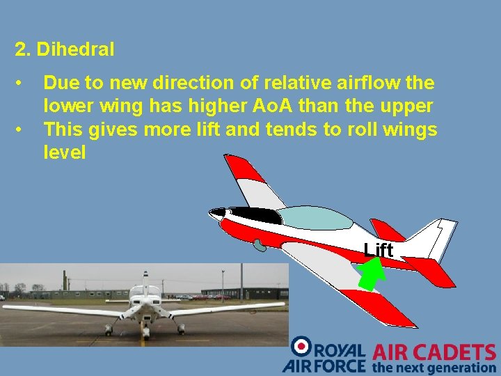 2. Dihedral • • Due to new direction of relative airflow the lower wing