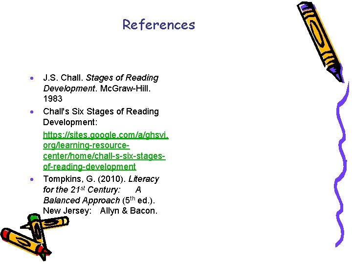 References · · · J. S. Chall. Stages of Reading Development. Mc. Graw-Hill. 1983