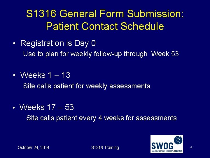 S 1316 General Form Submission: Patient Contact Schedule • Registration is Day 0 Use