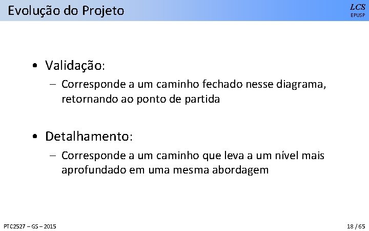 Evolução do Projeto LCS EPUSP • Validação: – Corresponde a um caminho fechado nesse