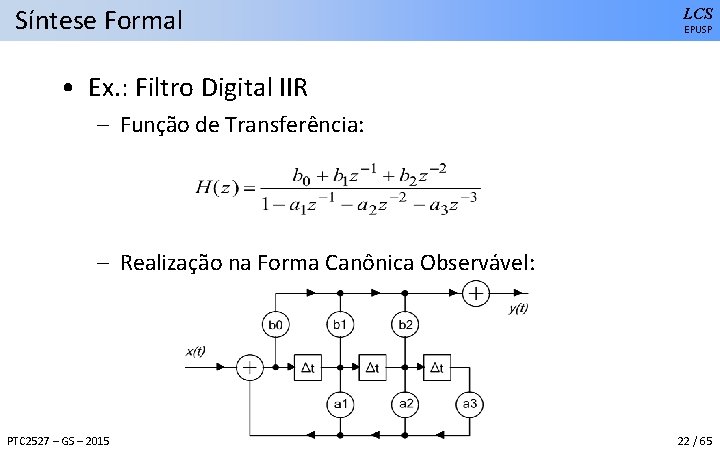 Síntese Formal LCS EPUSP • Ex. : Filtro Digital IIR – Função de Transferência:
