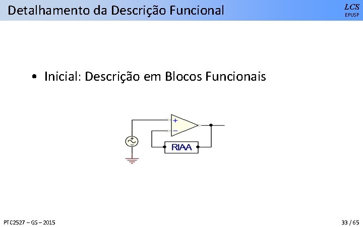 Detalhamento da Descrição Funcional LCS EPUSP • Inicial: Descrição em Blocos Funcionais PTC 2527