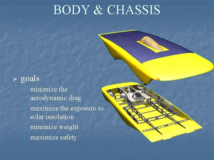 BODY & CHASSIS Ø goals • • minimize the aerodynamic drag maximize the exposure