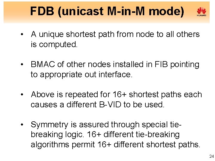 FDB (unicast M-in-M mode) • A unique shortest path from node to all others