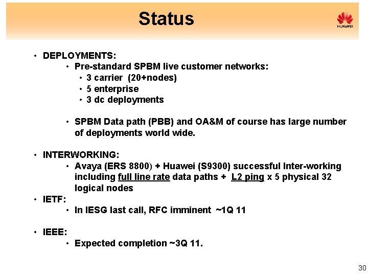 Status • DEPLOYMENTS: • Pre-standard SPBM live customer networks: • 3 carrier (20+nodes) •