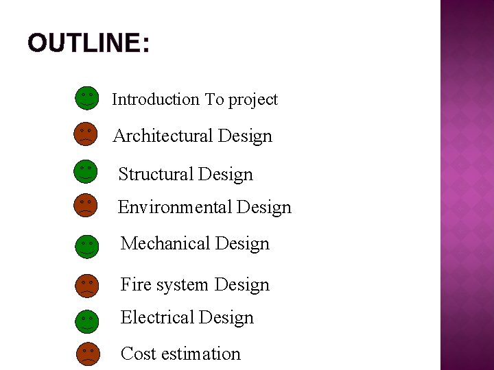 OUTLINE: Introduction To project Architectural Design Structural Design Environmental Design Mechanical Design Fire system