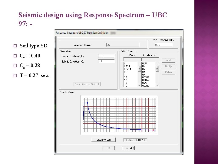 Seismic design using Response Spectrum – UBC 97: � Soil type SD � Cv
