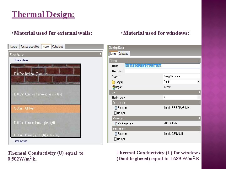 Thermal Design: • Material used for external walls: Thermal Conductivity (U) equal to 0.