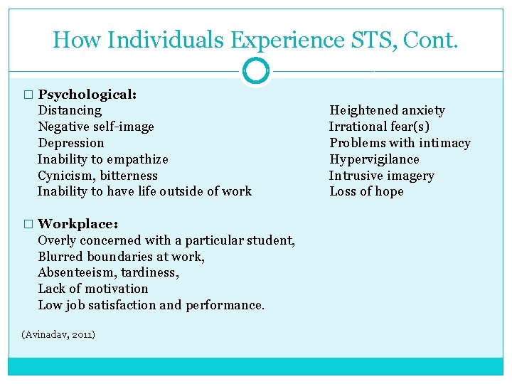 How Individuals Experience STS, Cont. � Psychological: Distancing Negative self-image Depression Inability to empathize
