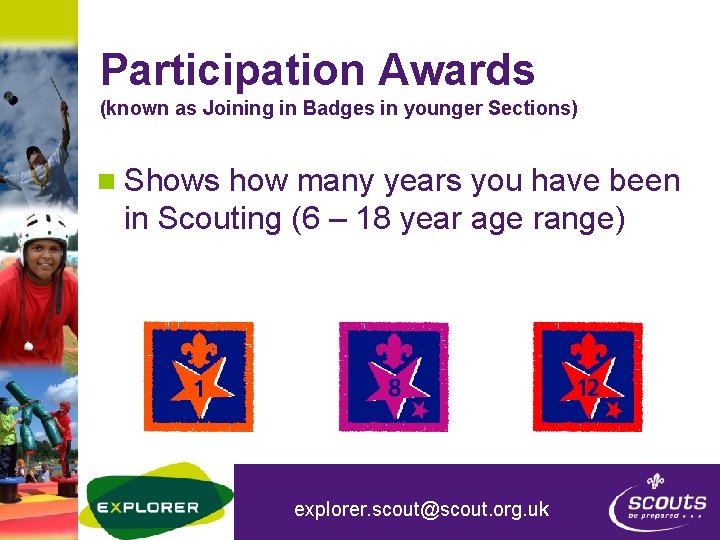 Participation Awards (known as Joining in Badges in younger Sections) n Shows how many