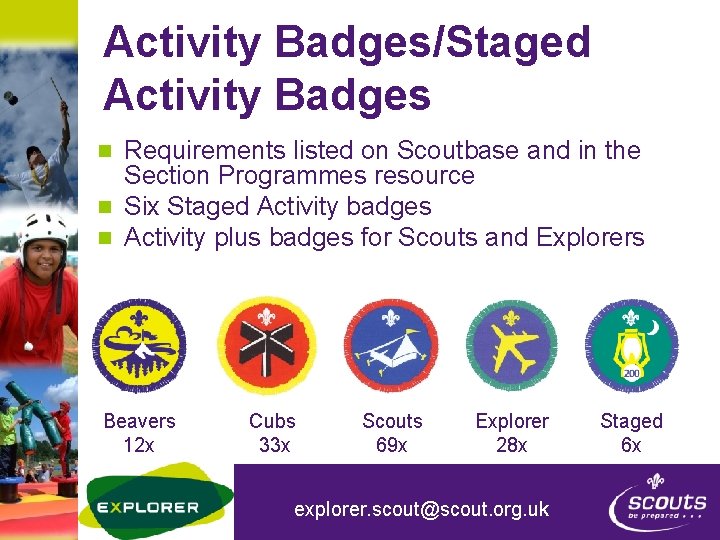 Activity Badges/Staged Activity Badges Requirements listed on Scoutbase and in the Section Programmes resource