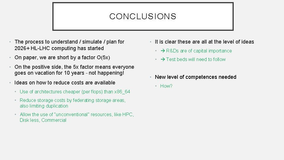 CONCLUSIONS • The process to understand / simulate / plan for 2026+ HL-LHC computing