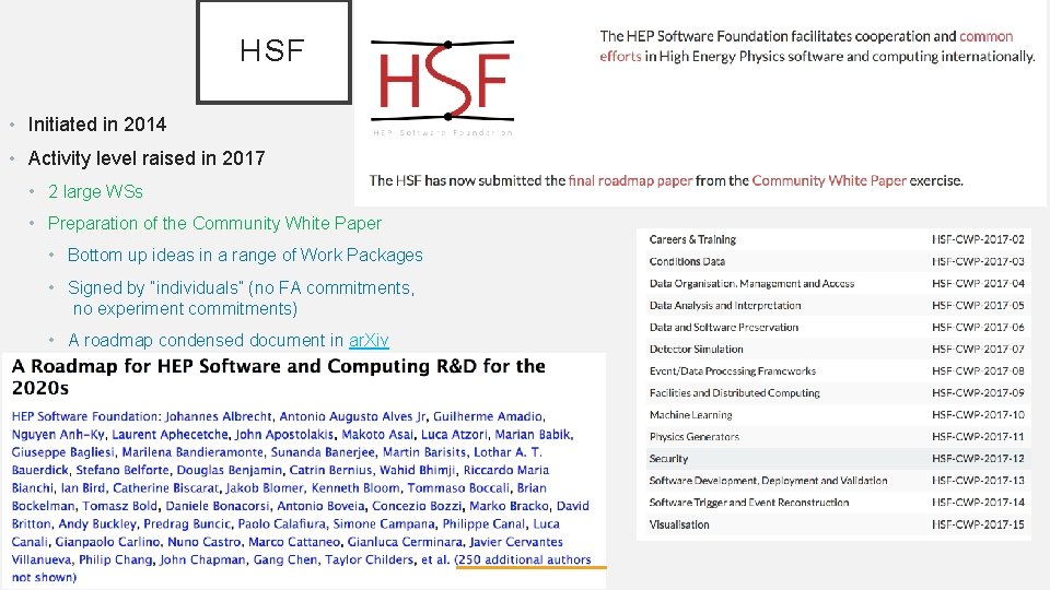 HSF • Initiated in 2014 • Activity level raised in 2017 • 2 large