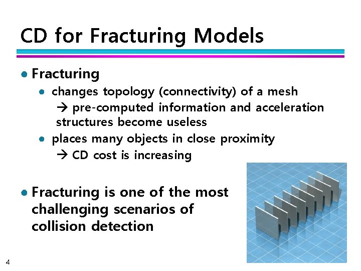 CD for Fracturing Models ● Fracturing ● changes topology (connectivity) of a mesh pre-computed