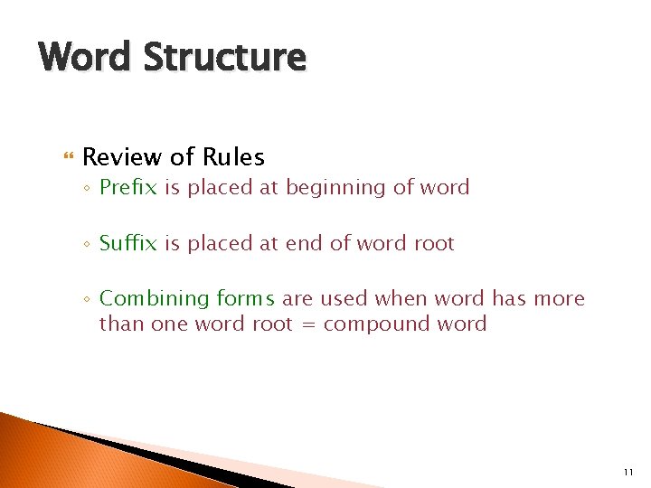 Word Structure Review of Rules ◦ Prefix is placed at beginning of word ◦