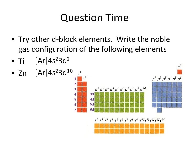 Question Time • Try other d-block elements. Write the noble gas configuration of the