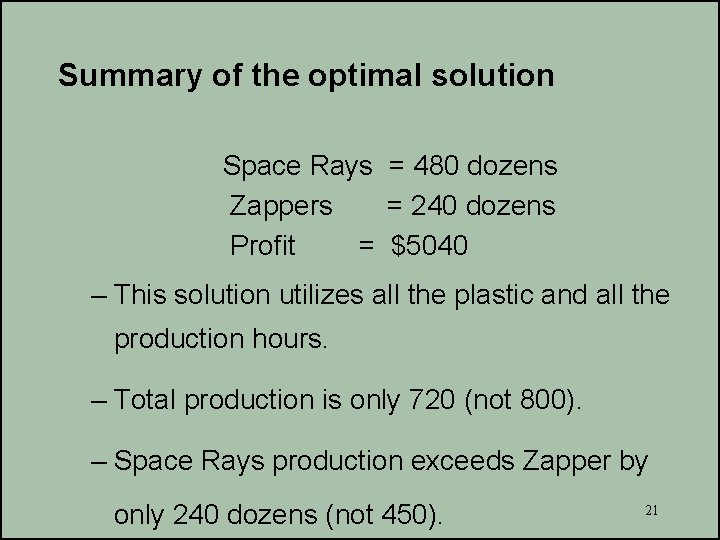 Summary of the optimal solution Space Rays = 480 dozens Zappers = 240 dozens
