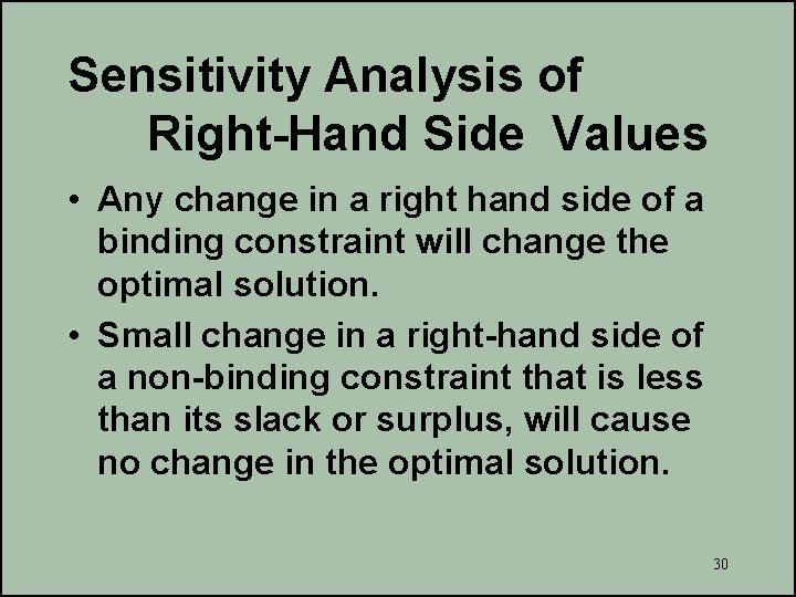 Sensitivity Analysis of Right-Hand Side Values • Any change in a right hand side