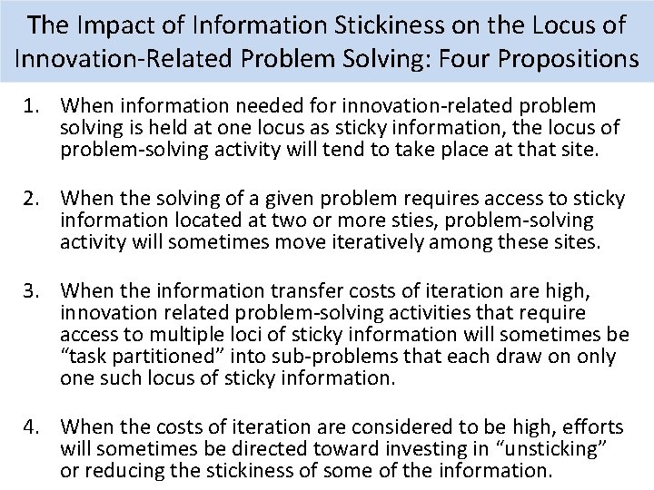 The Impact of Information Stickiness on the Locus of Innovation-Related Problem Solving: Four Propositions