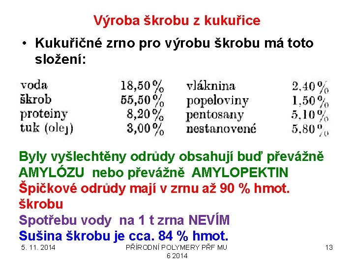 Výroba škrobu z kukuřice • Kukuřičné zrno pro výrobu škrobu má toto složení: Byly