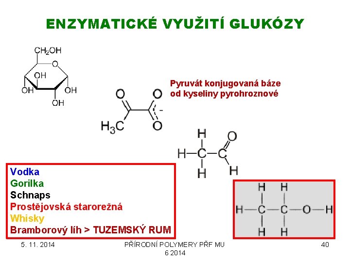 ENZYMATICKÉ VYUŽITÍ GLUKÓZY Pyruvát konjugovaná báze od kyseliny pyrohroznové Vodka Gorilka Schnaps Prostějovská starorežná