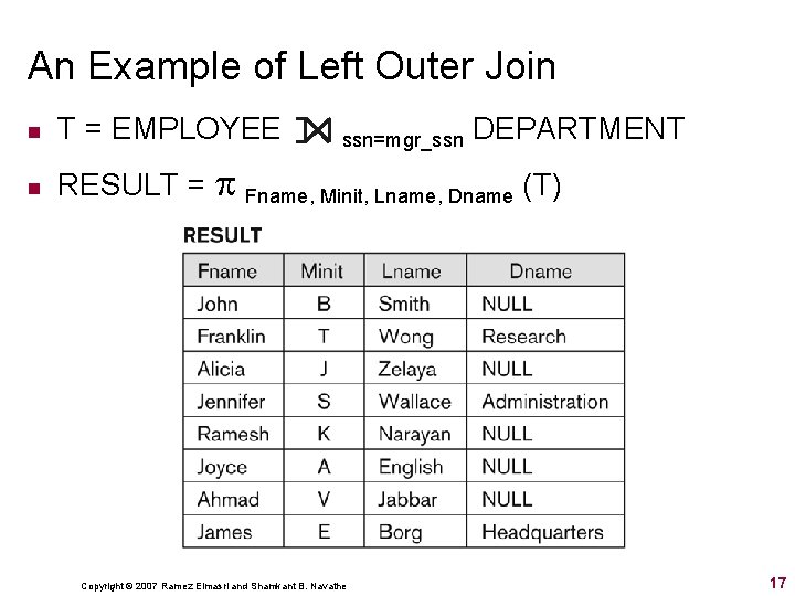 An Example of Left Outer Join n T = EMPLOYEE n RESULT = Fname,
