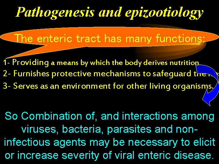 Pathogenesis and epizootiology The enteric tract has many functions: 1 - Providing a means