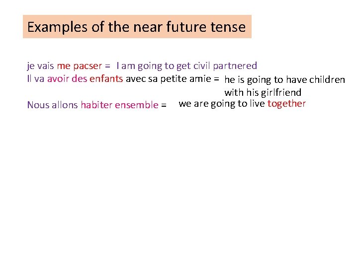 Examples of the near future tense je vais me pacser = I am going