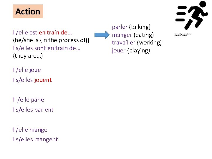 Action Il/elle est en train de… (he/she is (in the process of)) Ils/elles sont