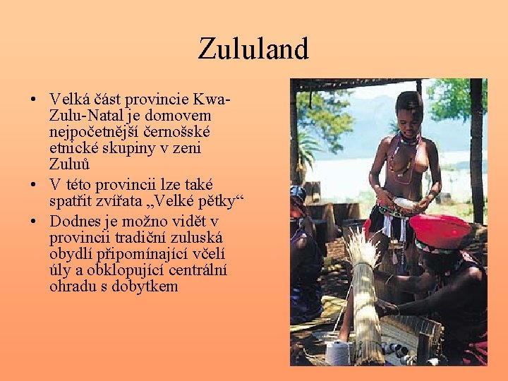 Zululand • Velká část provincie Kwa. Zulu-Natal je domovem nejpočetnější černošské etnické skupiny v