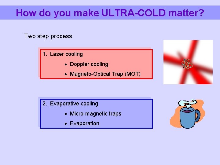 How do you make ULTRA-COLD matter? Two step process: 1. Laser cooling Doppler cooling