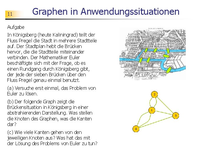 11 Graphen in Anwendungssituationen Aufgabe In Königsberg (heute Kaliningrad) teilt der Fluss Pregel die