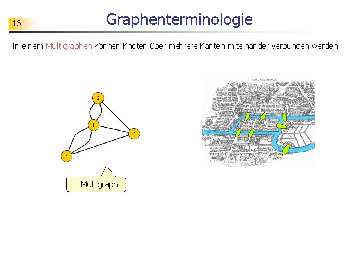 16 Graphenterminologie In einem Multigraphen können Knoten über mehrere Kanten miteinander verbunden werden. Multigraph