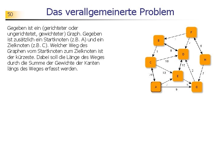 50 Das verallgemeinerte Problem Gegeben ist ein (gerichteter oder ungerichtetet, gewichteter) Graph. Gegeben ist