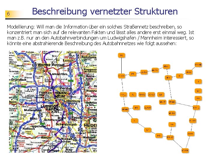 6 Beschreibung vernetzter Strukturen Modellierung: Will man die Information über ein solches Straßennetz beschreiben,