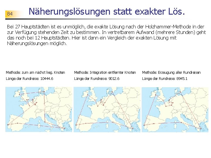 84 Näherungslösungen statt exakter Lös. Bei 27 Hauptstädten ist es unmöglich, die exakte Lösung