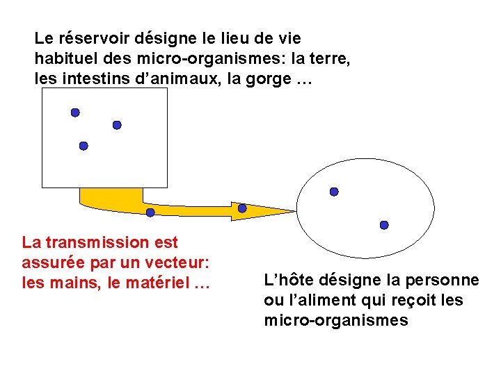 Le réservoir désigne le lieu de vie habituel des micro-organismes: la terre, les intestins