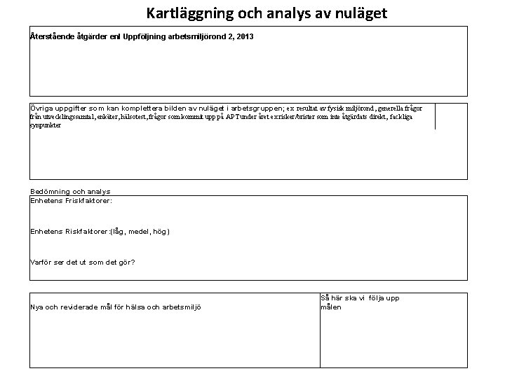 Kartläggning och analys av nuläget Återstående åtgärder enl Uppföljning arbetsmiljörond 2, 2013 Övriga uppgifter